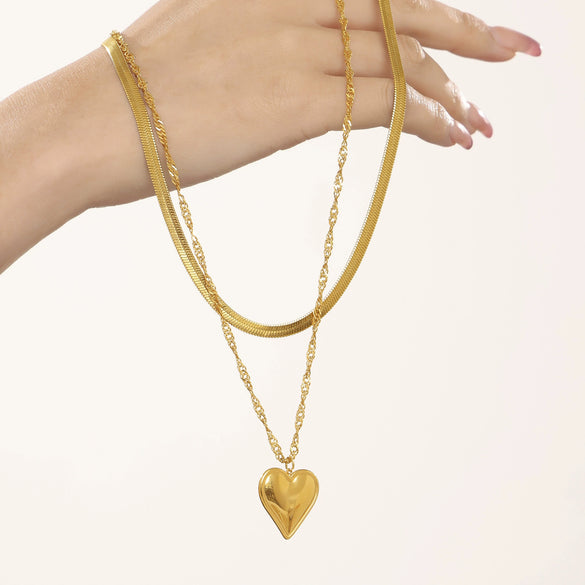 Wholesale Women's 316L Stainless Steel Double Clavicle Necklace With Water Ripple Blade Chain Love Pendant Geometric Pattern 18K Gold Pvd Plated Light Luxury Style