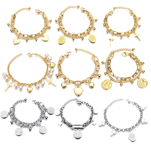 Wholesale Women's Stainless Steel Double Layer Tree Of Life Pendant Bracelet With Geometric Pattern