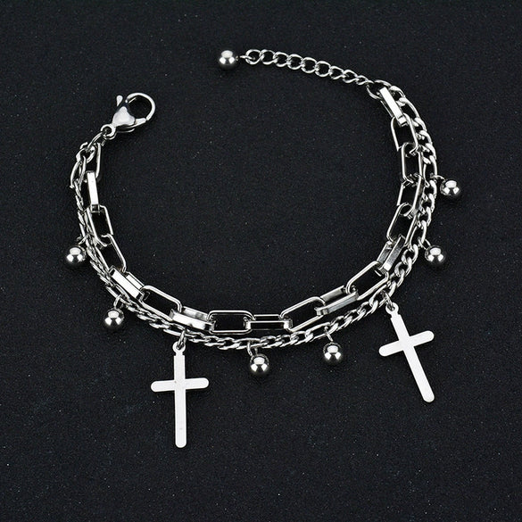 Wholesale Women's Stainless Steel Double Layer Tree Of Life Pendant Bracelet With Geometric Pattern