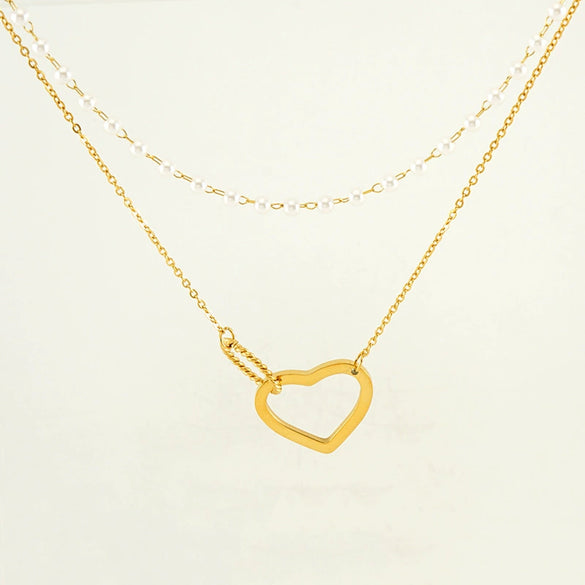 Wholesale Women's 316L Stainless Steel Double Pearl Necklace With Heart And Geometric Pattern Hollow Pendant And Electroplating Treatment