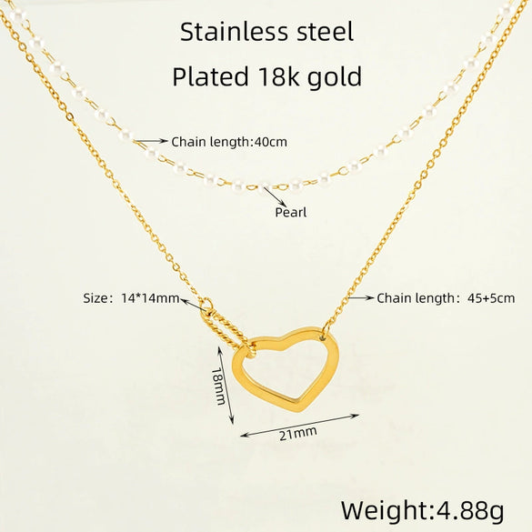 Wholesale Women's 316L Stainless Steel Double Pearl Necklace With Heart And Geometric Pattern Hollow Pendant And Electroplating Treatment