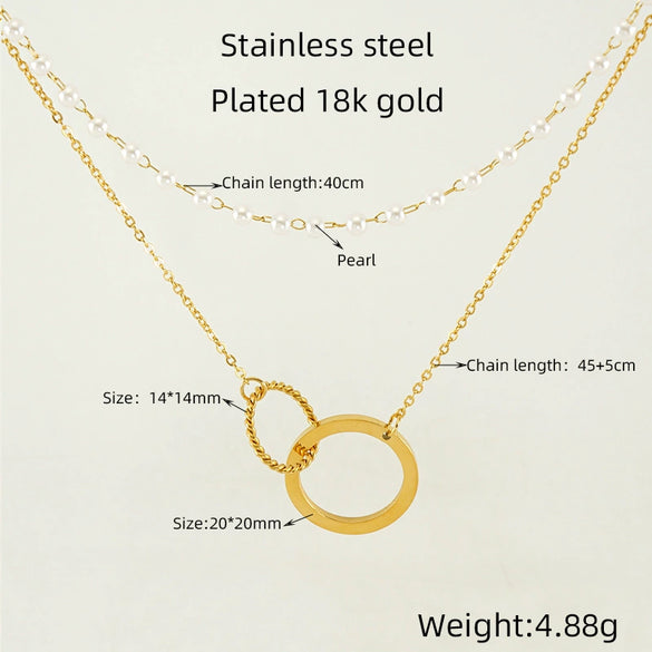 Wholesale Women's 316L Stainless Steel Double Pearl Necklace With Heart And Geometric Pattern Hollow Pendant And Electroplating Treatment