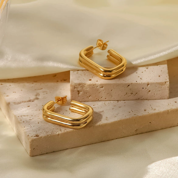 Wholesale Women's Stainless Steel Doublelayer Thick Circle Ushaped Opening Goldplated Geometric Earrings