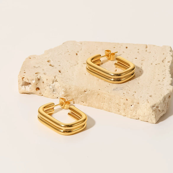 Wholesale Women's Stainless Steel Doublelayer Thick Circle Ushaped Opening Goldplated Geometric Earrings