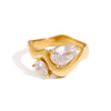 Wholesale Women's Stainless Steel Dropshaped Wave Zircon Ring With 18K Gold Electroplating French Retro And Minimalist Style