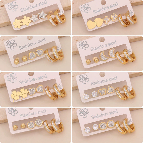 Wholesale Women's Stainless Steel Earrings With Diamond Inlay Butterfly Heart Star And Geometric Patterns