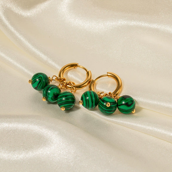Wholesale Women's Stainless Steel Earrings With Three Green Malachite Tassel Pendants In Geometric Style And 18K Gold Electroplated Treatment