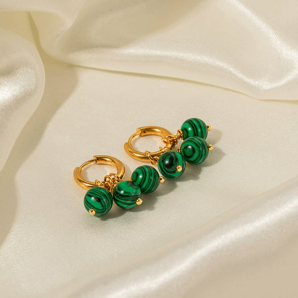 Wholesale Women's Stainless Steel Earrings With Three Green Malachite Tassel Pendants In Geometric Style And 18K Gold Electroplated Treatment