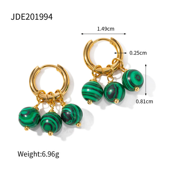 Wholesale Women's Stainless Steel Earrings With Three Green Malachite Tassel Pendants In Geometric Style And 18K Gold Electroplated Treatment
