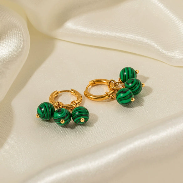 Wholesale Women's Stainless Steel Earrings With Three Green Malachite Tassel Pendants In Geometric Style And 18K Gold Electroplated Treatment