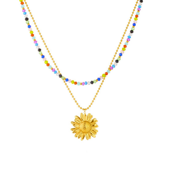 Wholesale Women's Stainless Steel Electroplated Doublelayer Stacked Clavicle Chain With Flower Pattern Necklace