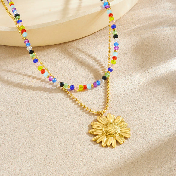 Wholesale Women's Stainless Steel Electroplated Doublelayer Stacked Clavicle Chain With Flower Pattern Necklace
