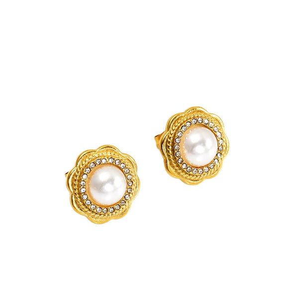 Wholesale Women's Stainless Steel Electroplated Flower Stud Earrings With Geometric French Retro Style