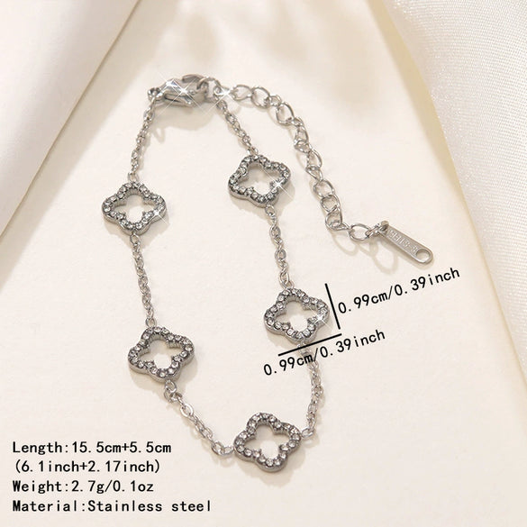 Wholesale Women's Stainless Steel Electroplated Fourleaf Clover And Flower Bracelet With Diamond Encrusted