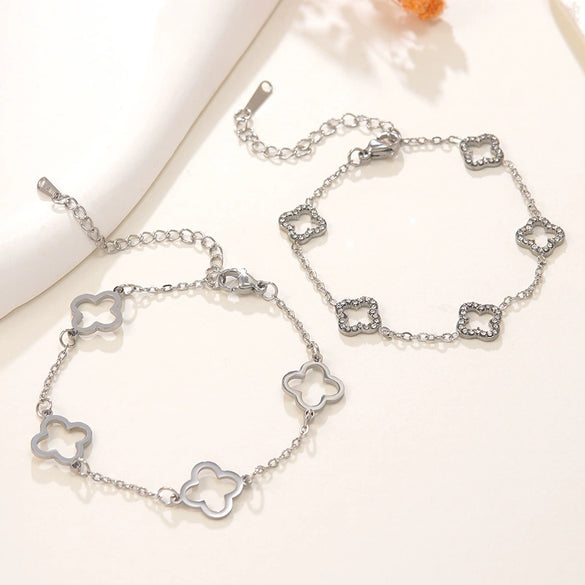 Wholesale Women's Stainless Steel Electroplated Fourleaf Clover And Flower Bracelet With Diamond Encrusted