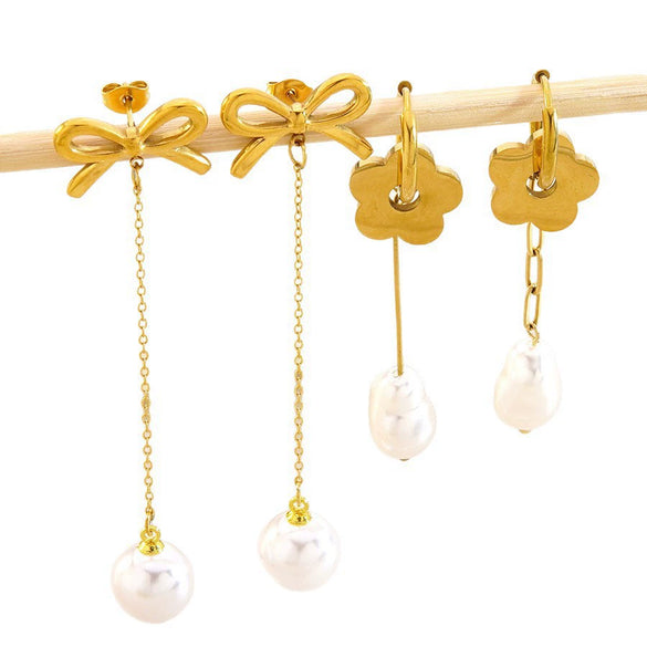 Wholesale Women's Stainless Steel Electroplated Geometric And Flower Bowknot Tassel Pendant Earrings