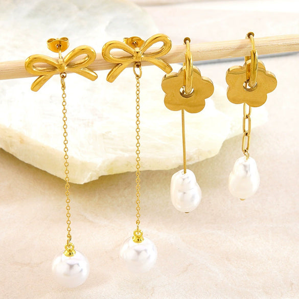 Wholesale Women's Stainless Steel Electroplated Geometric And Flower Bowknot Tassel Pendant Earrings