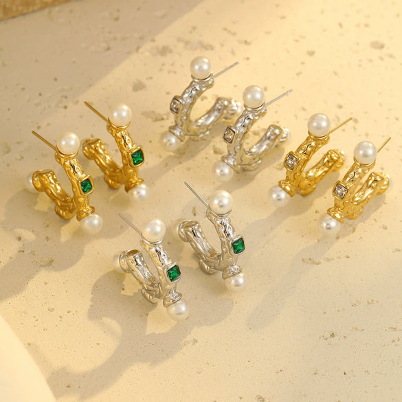 Wholesale Women's Stainless Steel Electroplated Geometric And U Shaped C Shaped Golden Retro Fashion Exaggerated Zircon Earring