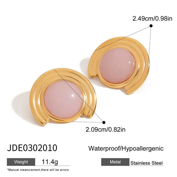 Wholesale Women's Stainless Steel Electroplated Geometric Arc Ribbed Rose Quartz Natural Stone Earrings
