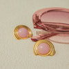 Wholesale Women's Stainless Steel Electroplated Geometric Arc Ribbed Rose Quartz Natural Stone Earrings