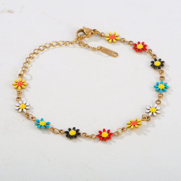 Wholesale Women's Stainless Steel Electroplated Geometric Flower Leaf Enamel Pendant Necklace And Bracelet Jewelry