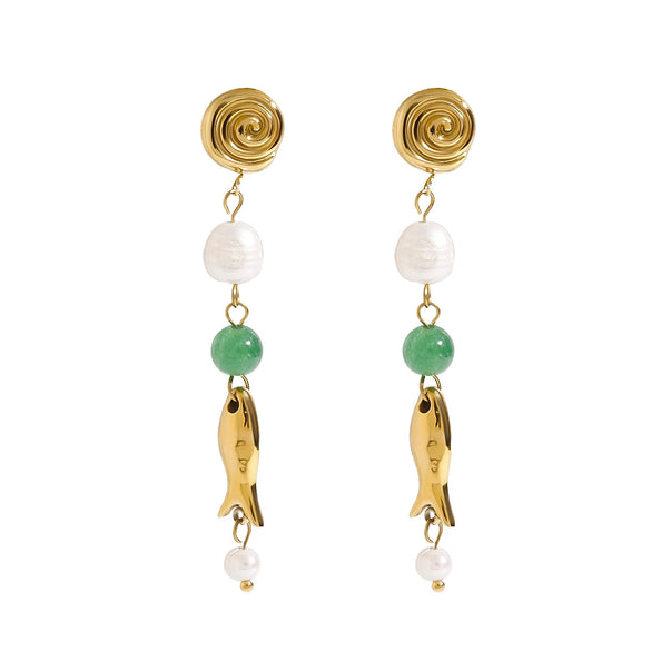 Wholesale Women's Stainless Steel Electroplated Geometric Green Agate And Freshwater Pearl Small Fish Pendant Earrings With Original And Minimalist Design