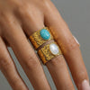Wholesale Women's Stainless Steel Electroplated Geometric Leaf Inlaid Natural Stone Open Ring Accessories