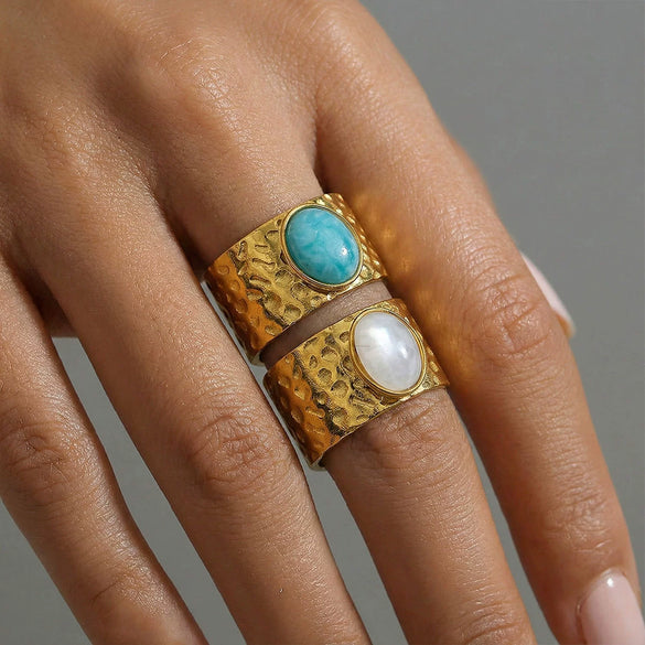 Wholesale Women's Stainless Steel Electroplated Geometric Leaf Inlaid Natural Stone Open Ring Accessories