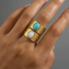 Wholesale Women's Stainless Steel Electroplated Geometric Leaf Inlaid Natural Stone Open Ring Accessories