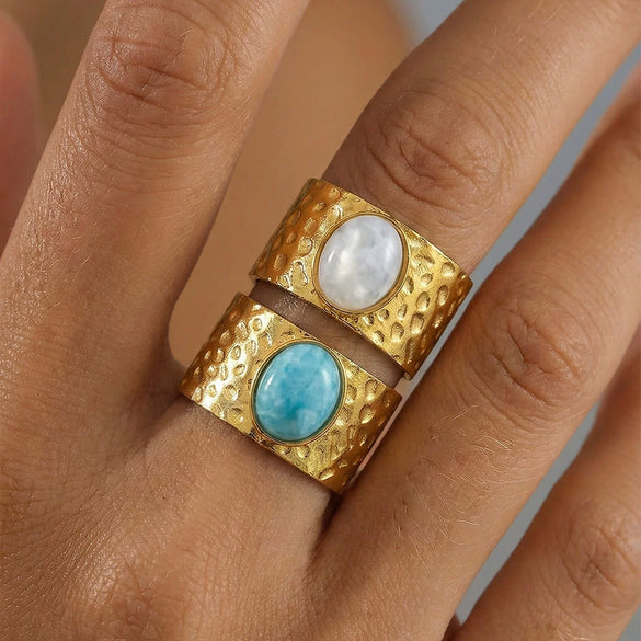 Wholesale Women's Stainless Steel Electroplated Geometric Leaf Inlaid Natural Stone Open Ring Accessories