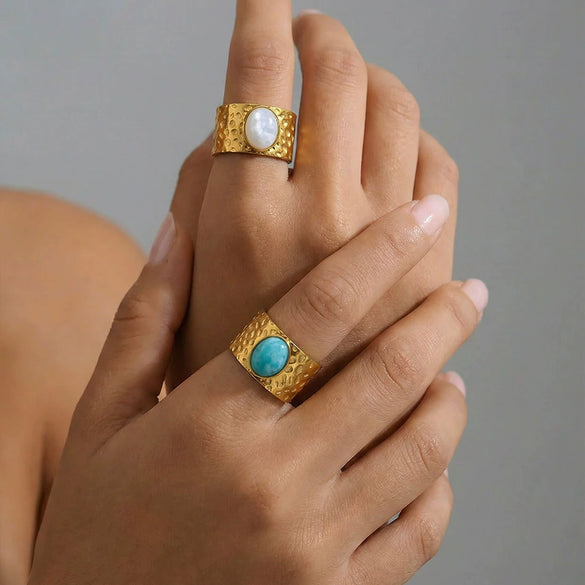 Wholesale Women's Stainless Steel Electroplated Geometric Leaf Inlaid Natural Stone Open Ring Accessories