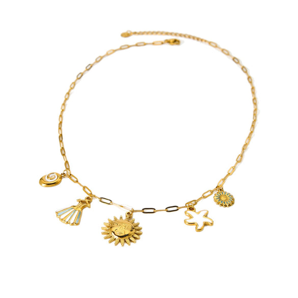 Wholesale Women's Stainless Steel Electroplated Geometric Starfish Flower Pendant Necklace With Cross Chain
