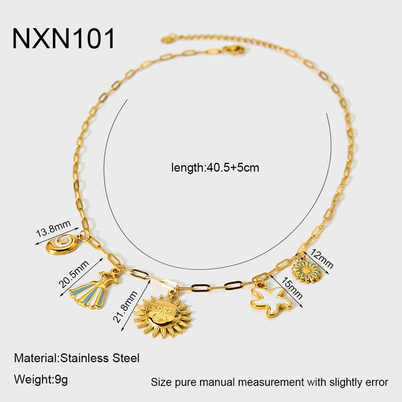 Wholesale Women's Stainless Steel Electroplated Geometric Starfish Flower Pendant Necklace With Cross Chain