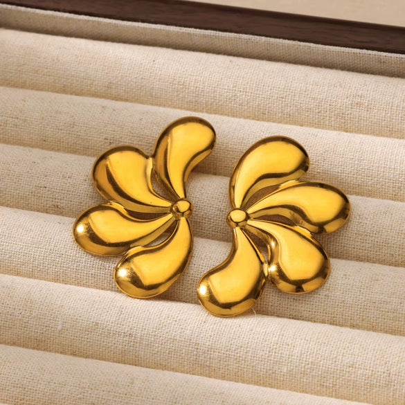 Wholesale Women's Stainless Steel Electroplated Irregular Geometric Drop Shape Petals Earrings With Flower And Wave Patterns