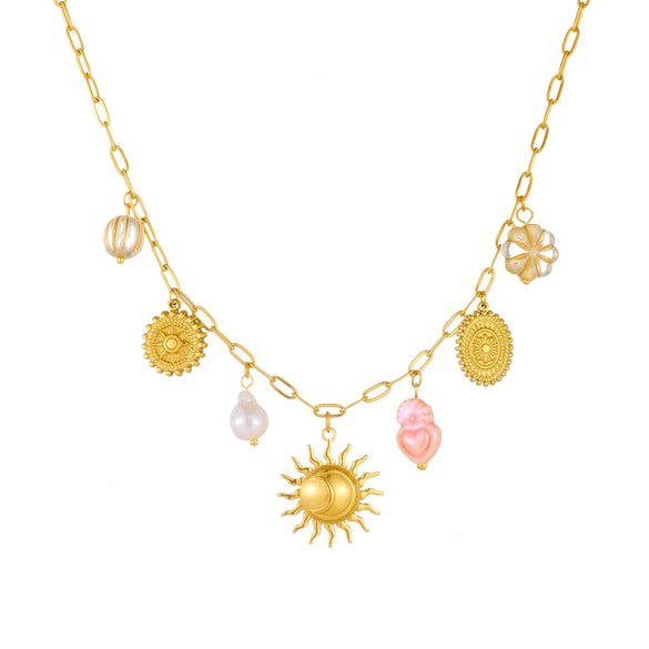 Wholesale Women's Stainless Steel Electroplated Jewelry Set With Stars Sun And Moon Clouds And Universe Patterns Round Heartshaped Pendant And Cross Chain