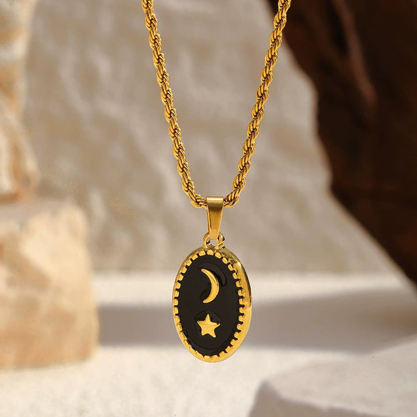 Wholesale Women's Stainless Steel Electroplated 18K Gold Moon Star Pendant Necklace With Twist Chain In Ins Style And Minimalist Design