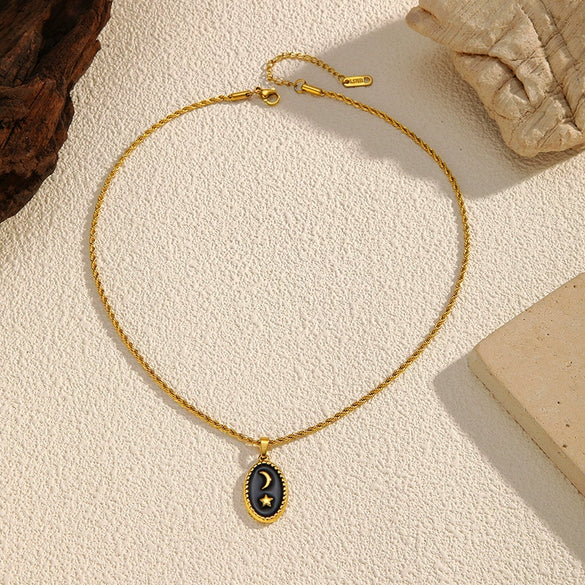 Wholesale Women's Stainless Steel Electroplated 18K Gold Moon Star Pendant Necklace With Twist Chain In Ins Style And Minimalist Design