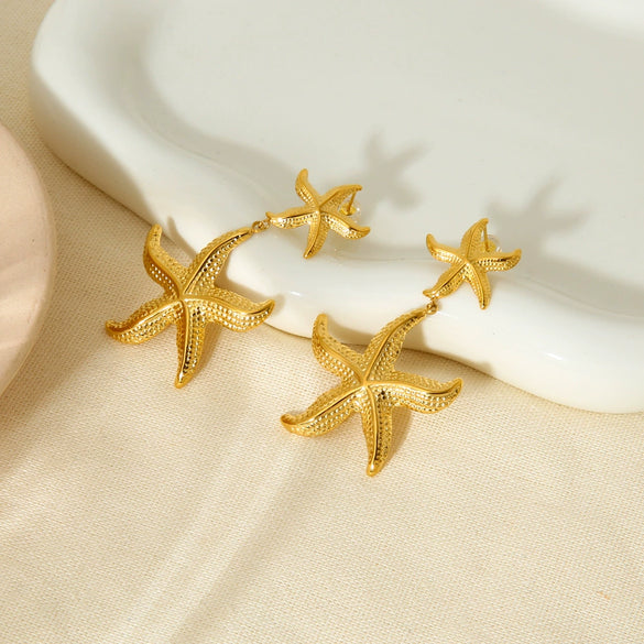 Wholesale Women's Stainless Steel Electroplated 18K Gold Starfish Pendant Earrings With Animal And Zodiac Patterns