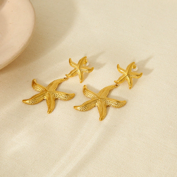Wholesale Women's Stainless Steel Electroplated 18K Gold Starfish Pendant Earrings With Animal And Zodiac Patterns