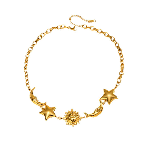 Wholesale Women's Stainless Steel Electroplated Moon Star And Sun Pendant Necklace With Cuban Chain Light Luxury Minimalist Ins Style