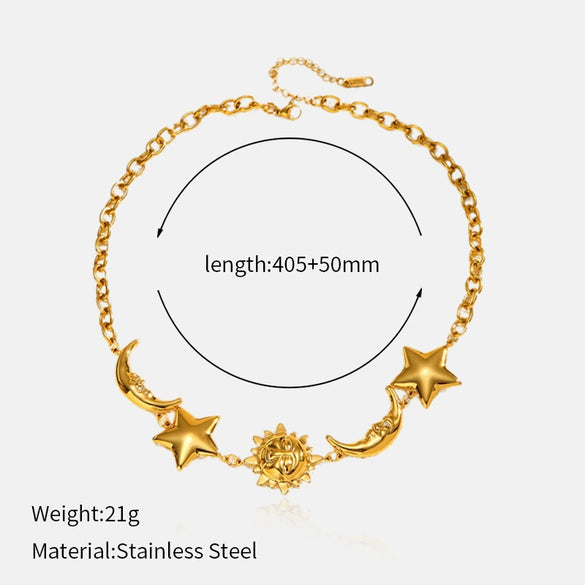 Wholesale Women's Stainless Steel Electroplated Moon Star And Sun Pendant Necklace With Cuban Chain Light Luxury Minimalist Ins Style