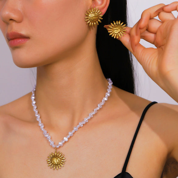 Wholesale Women's Stainless Steel Electroplated Necklace And Earring Set With Stars Sun And Moon Clouds And Universe Patterns