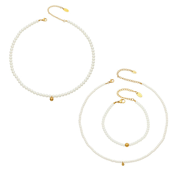 Wholesale Women's Stainless Steel Electroplated Pearl Beaded Necklace And Bracelet Jewelry Set