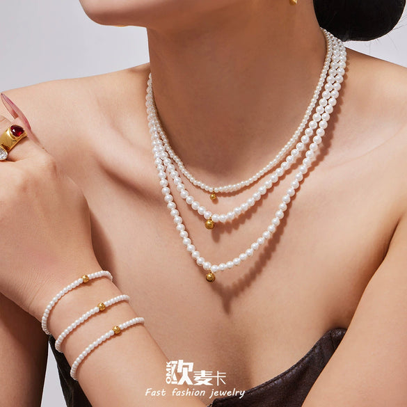 Wholesale Women's Stainless Steel Electroplated Pearl Beaded Necklace And Bracelet Jewelry Set