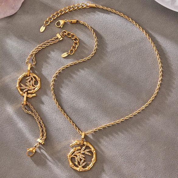 Wholesale Women's Stainless Steel Electroplated Romanstyle Bamboo Pendant Necklace And Bracelet Accessory