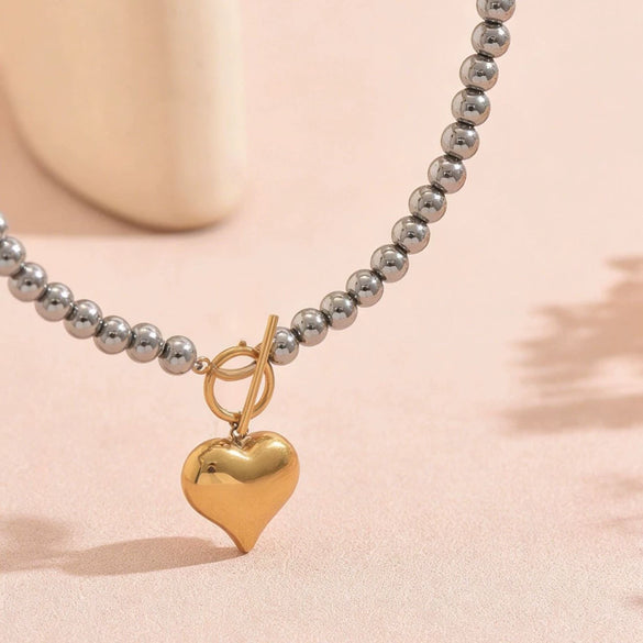 Wholesale Women's Stainless Steel Electroplated Round Bead Heart Geometric Twotone Necklace With Ot Clasp
