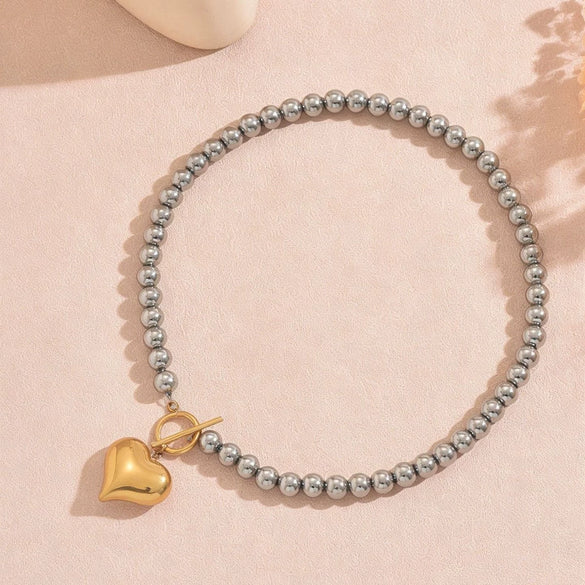 Wholesale Women's Stainless Steel Electroplated Round Bead Heart Geometric Twotone Necklace With Ot Clasp