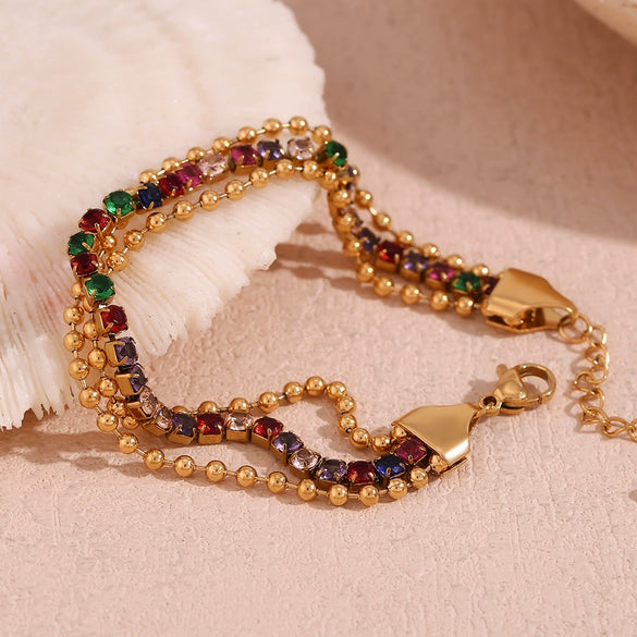 Wholesale Women's Stainless Steel Elegant Retro Hand Jewelry Geometric Threelayer Beads Microset Colored Diamond 18K Gold Plated Bracelet