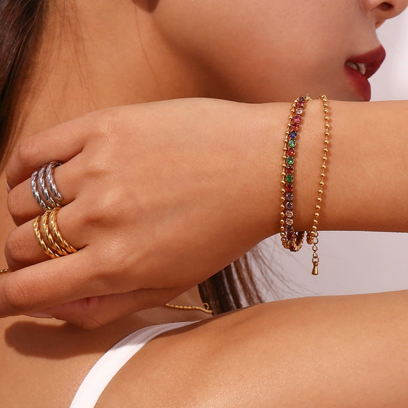 Wholesale Women's Stainless Steel Elegant Retro Hand Jewelry Geometric Threelayer Beads Microset Colored Diamond 18K Gold Plated Bracelet