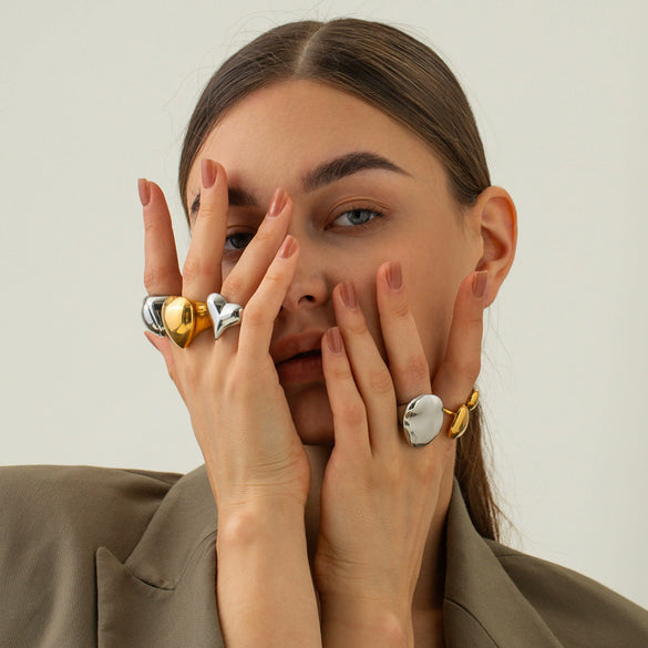 Wholesale Women's Stainless Steel Exaggerated Spherical Ring With Geometric Design And 18K Gold Electroplating Fashion Personality Trendy Jewelry